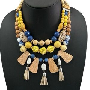 Vtg Chicos Beaded Necklace 17" Yellow Chunky Beads Wood Agate
Suede Multi Strand